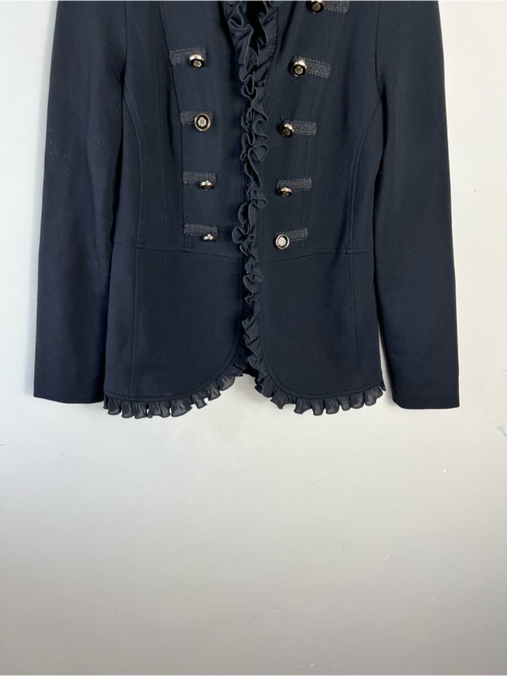 Joseph Ribkoff Black Ruffle Military-Button Bellboy Jacket Size 8 Black Ruffle - Picture 5 of 11